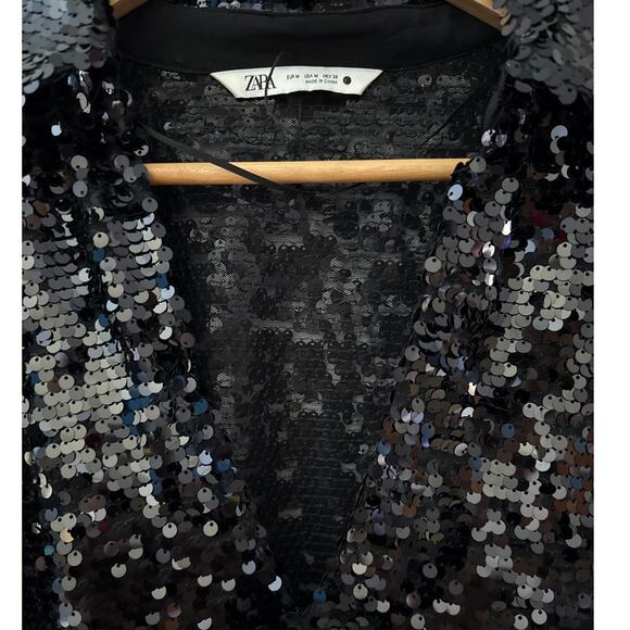 Zara‎ V Neck Collared Flowy Long Sleeve Sequined Top Black Size Medium - Picture 11 of 11